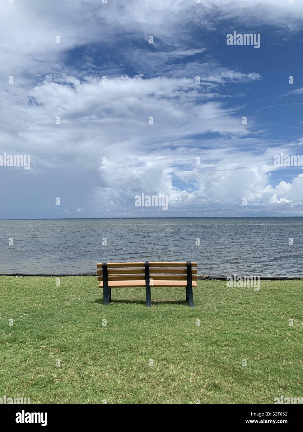 A single bench setting on green grass with view of bay water and blue skies - Smartphone Captured Stock Image