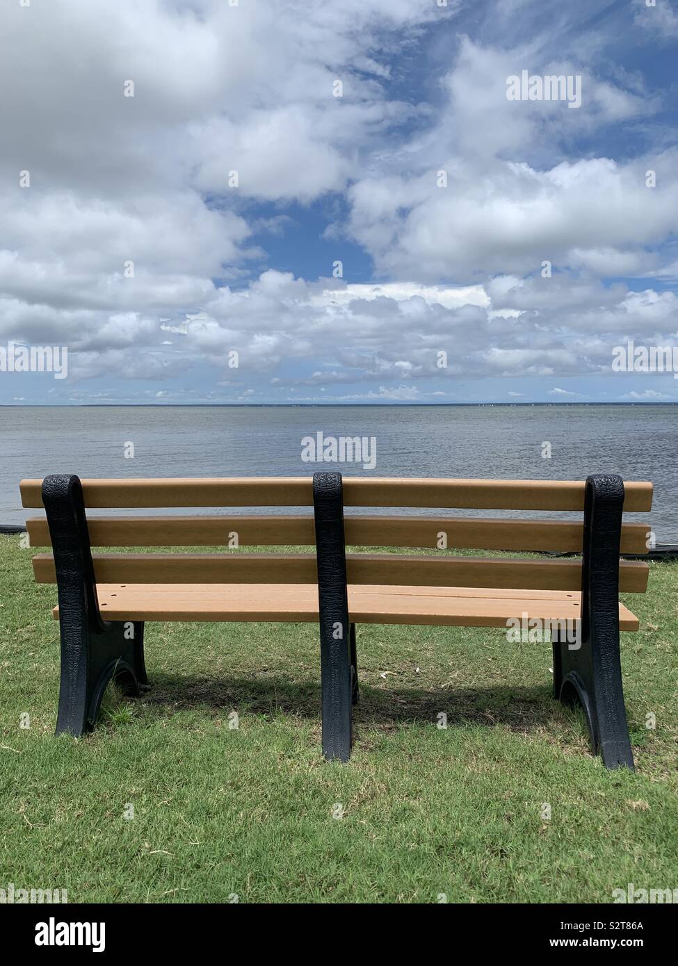Wooden Bench Closeup Setting On Green Grass With View Of Bay Water