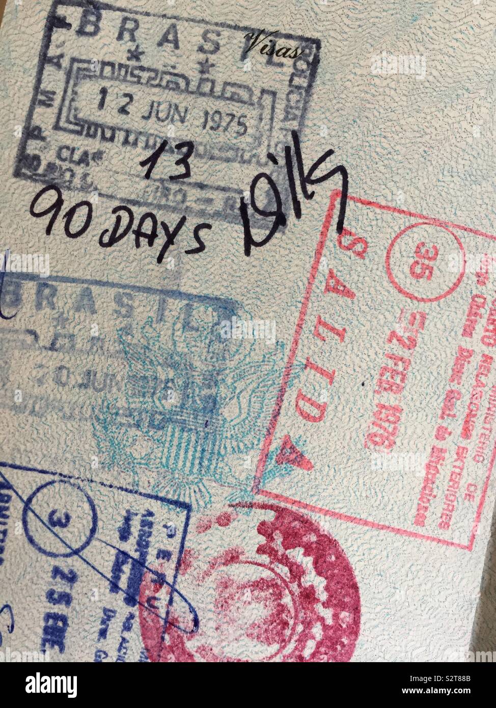 Vintage United States passport with custom stamps from Brazil, 1975 - Smartphone Captured Stock Image