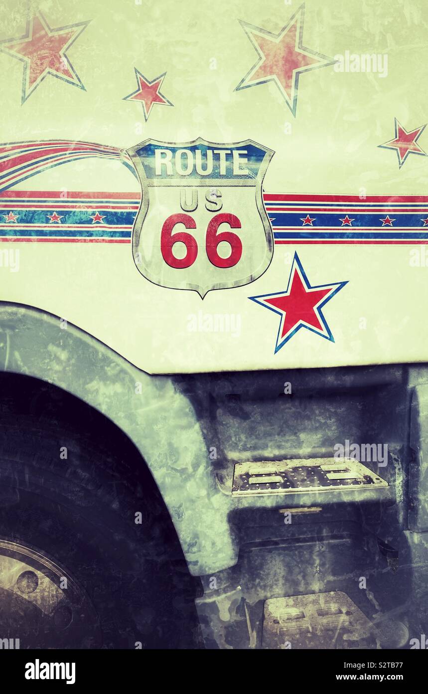 Route 66 symbol and Stars and Stripes on articulated lorry door Stock Photo