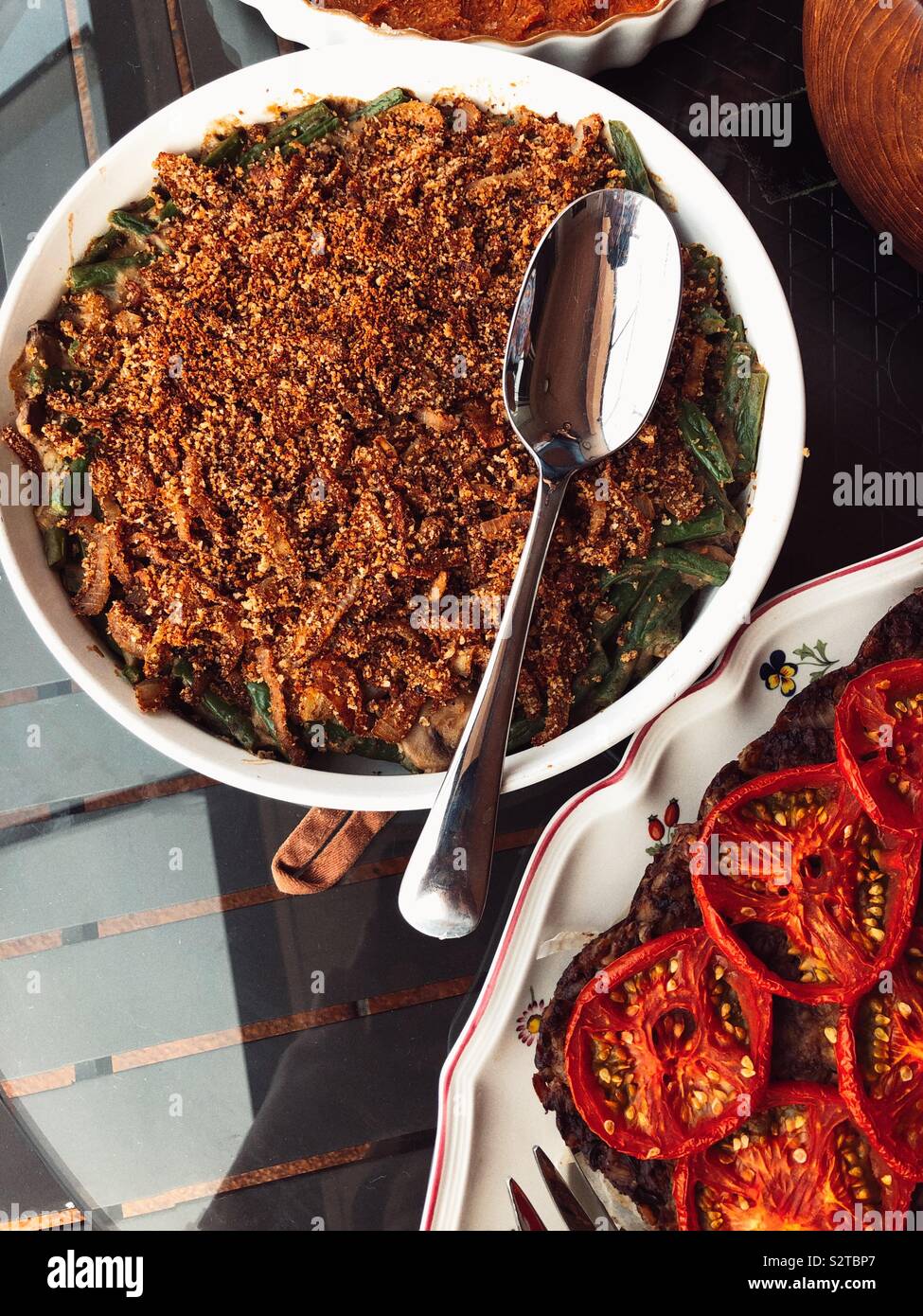 Vegan green bean casserole ready for Thanksgiving feast - Smartphone Captured Stock Image
