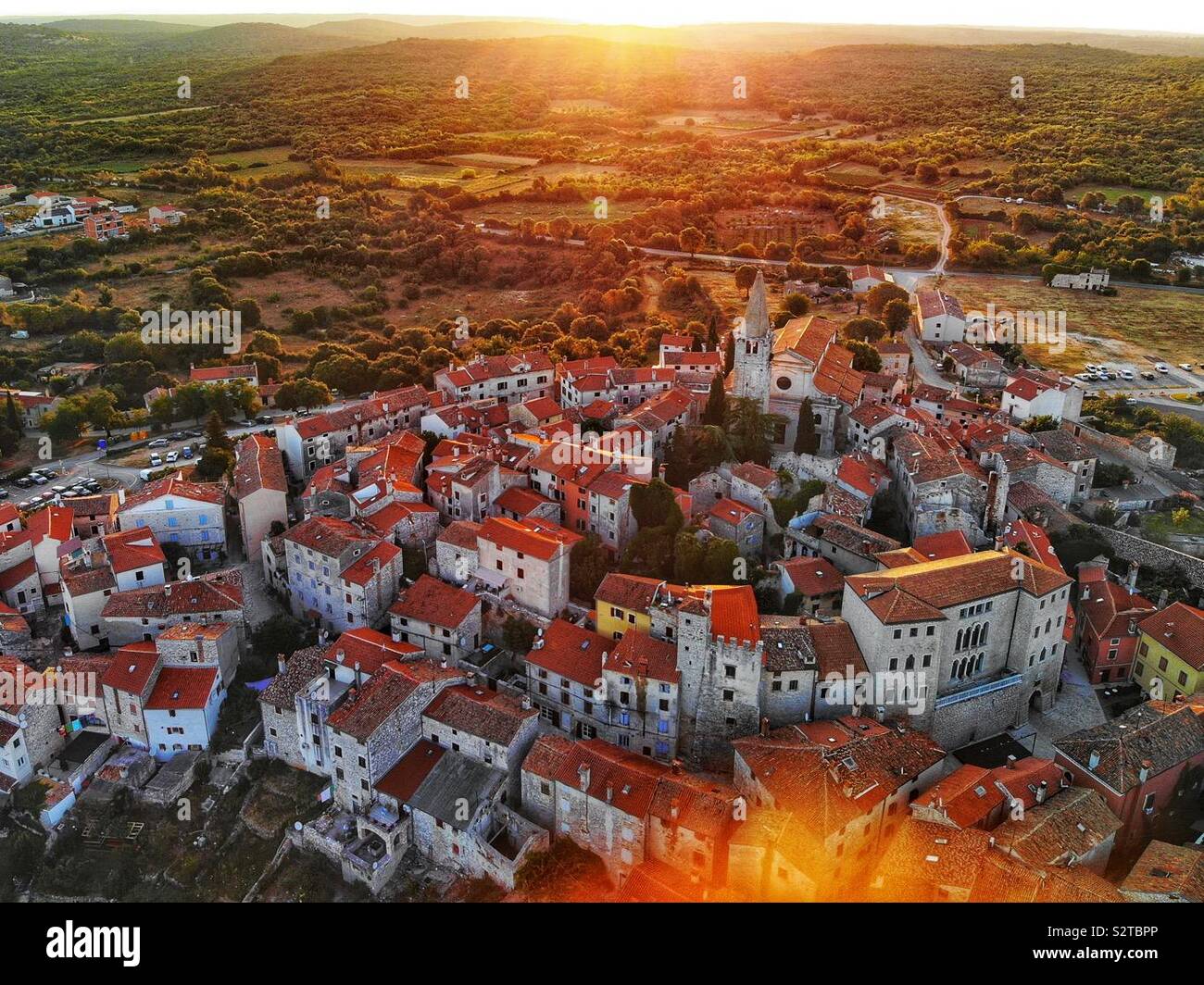 Aerial shot of the village of Bale in the Istrian region of Croatia shot at sunrise. - Smartphone Captured Stock Image
