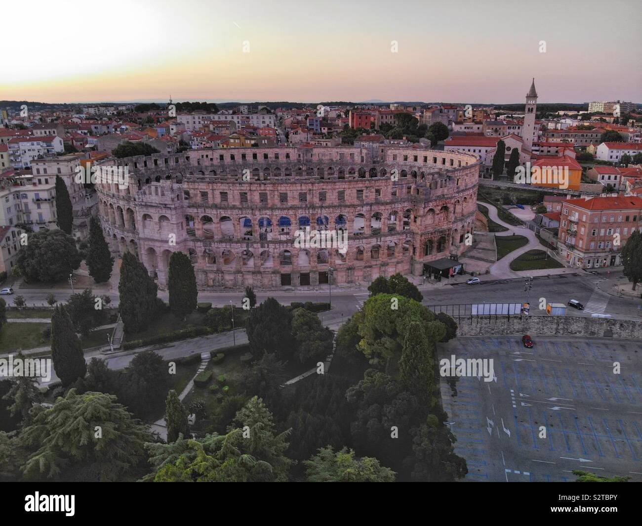 Aerial image of the colosseum at Pula in Croatia at sunrise. Stock Photo