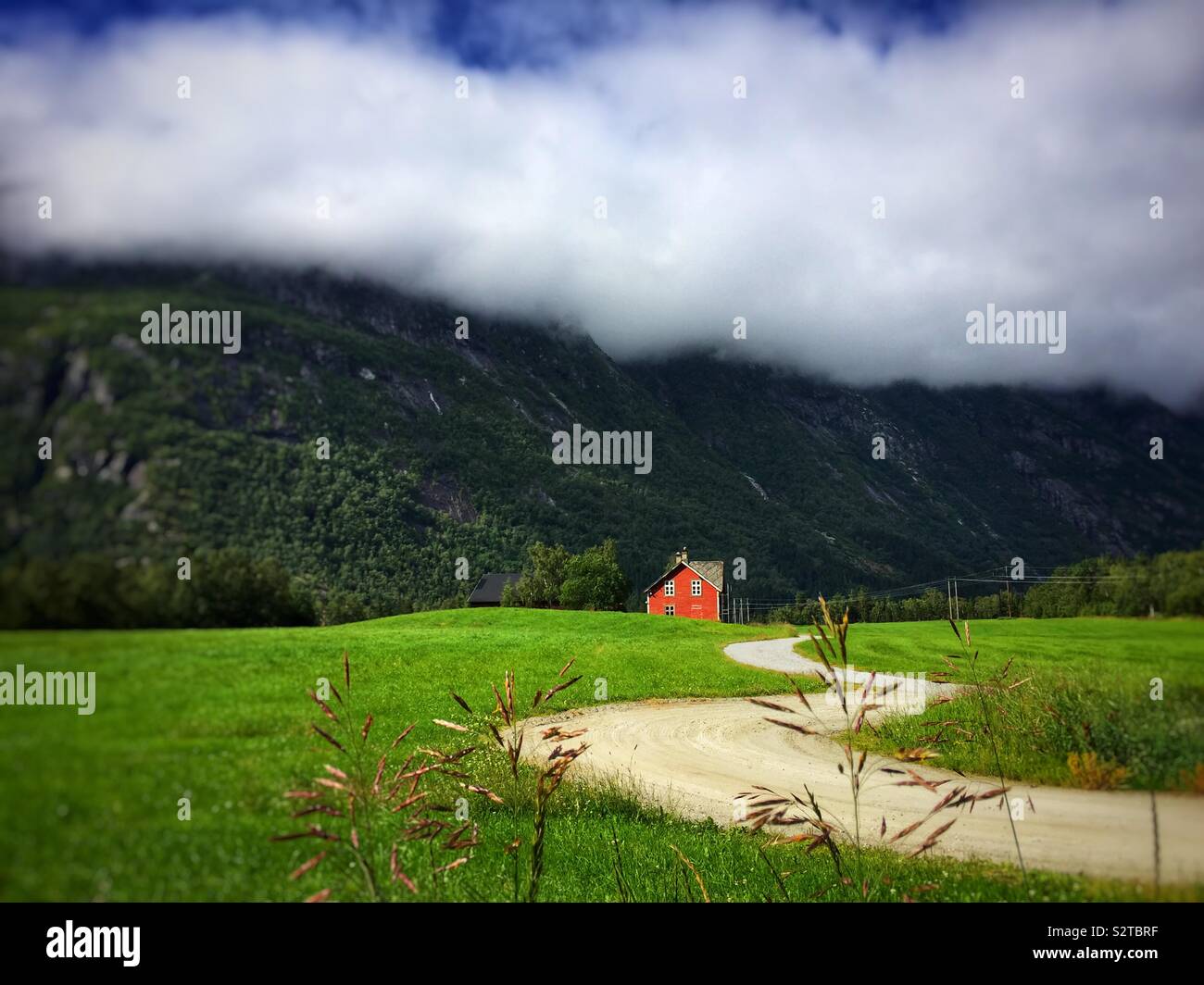 A winding road to a red farmhouse at the foot of a mountain in Norway - Smartphone Captured Stock Image