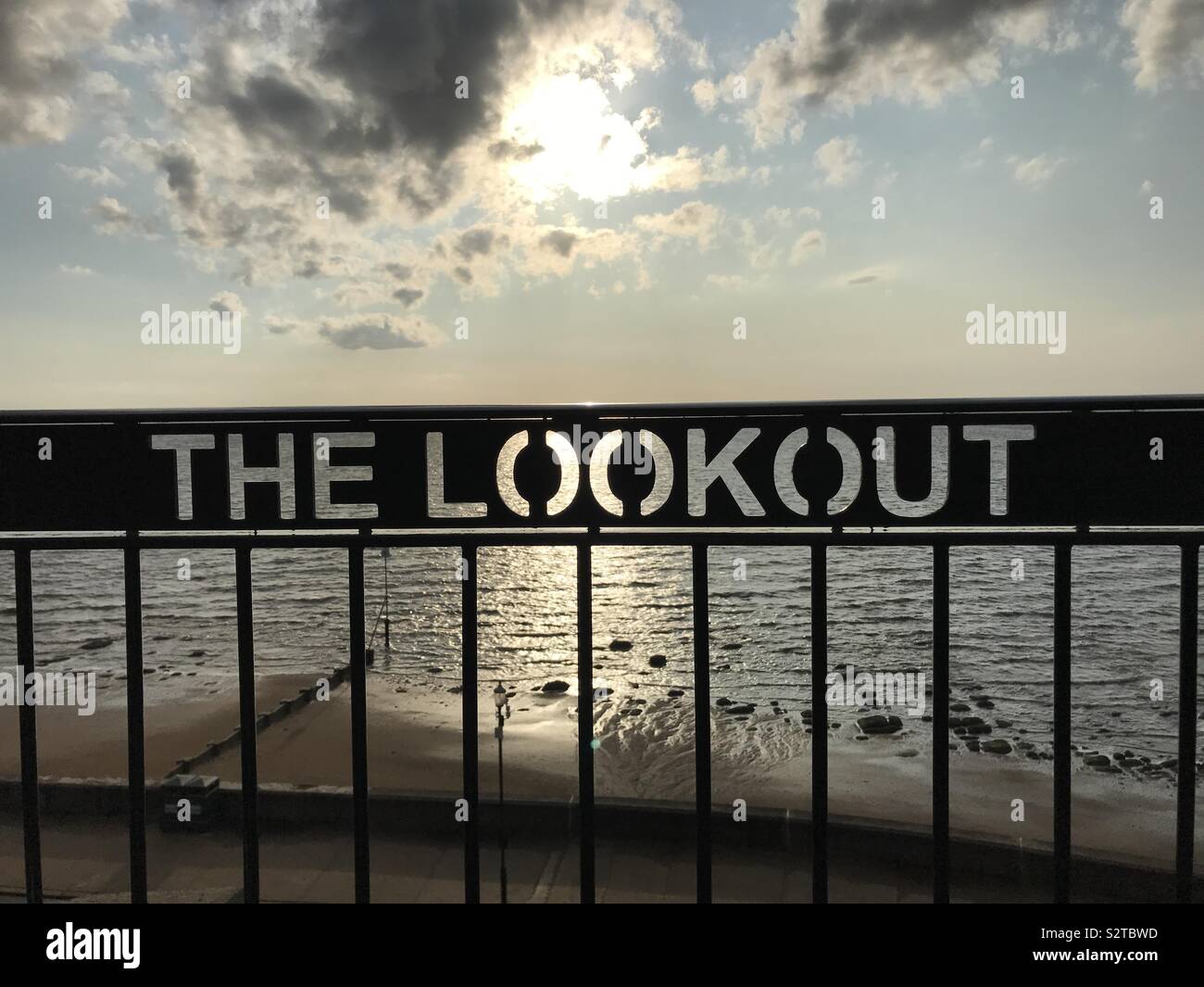 Fence with description text the lookout. View point on embankment. - Smartphone Captured Stock Image