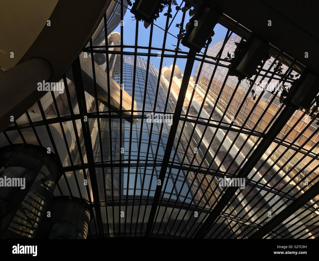 LOS ANGELES, CA, JUN 2019: looking up through windows at curving towers and architecture of the Westin Bonaventure Hotel in Downtown Stock Photo