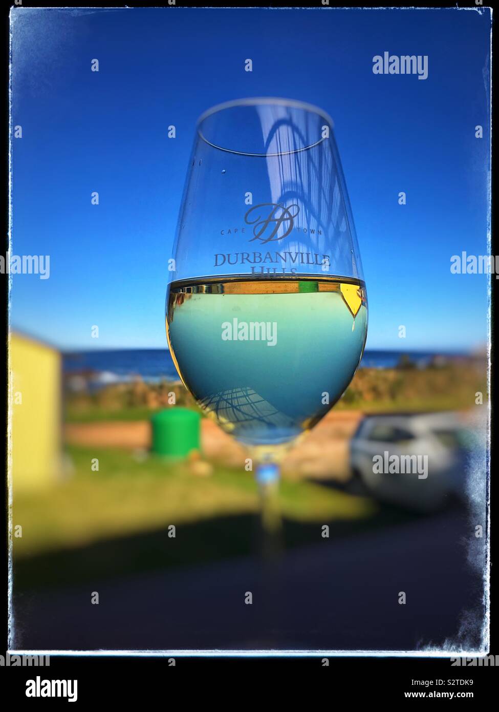Glass of Durbanville Hills Sauvignon Blanc at KabelJoe’s Restaurant, Kleinmond, Overberg, South Africa. - Smartphone Captured Stock Image