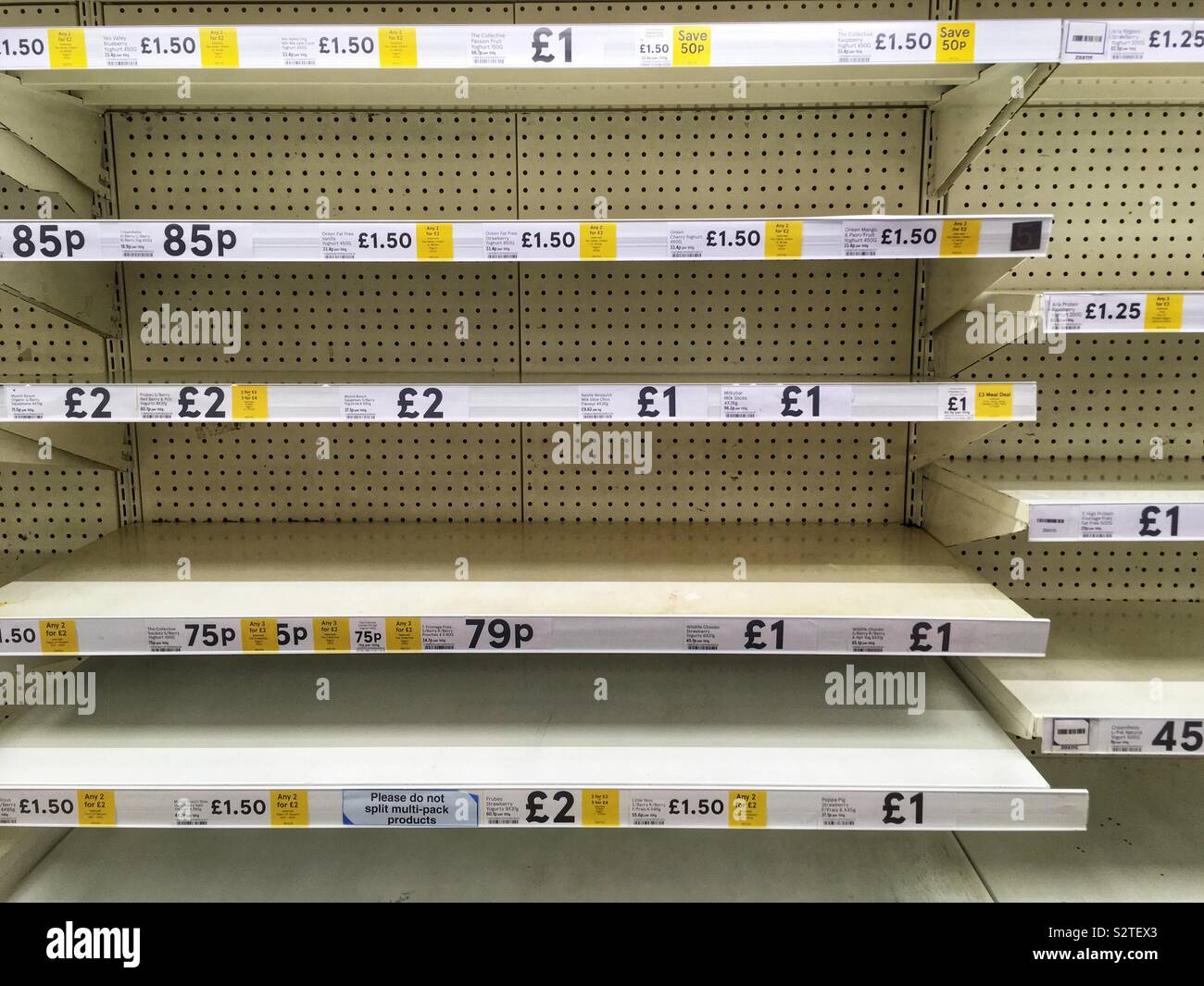 Empty shelves in Tesco due to a broken refrigerator in London, United