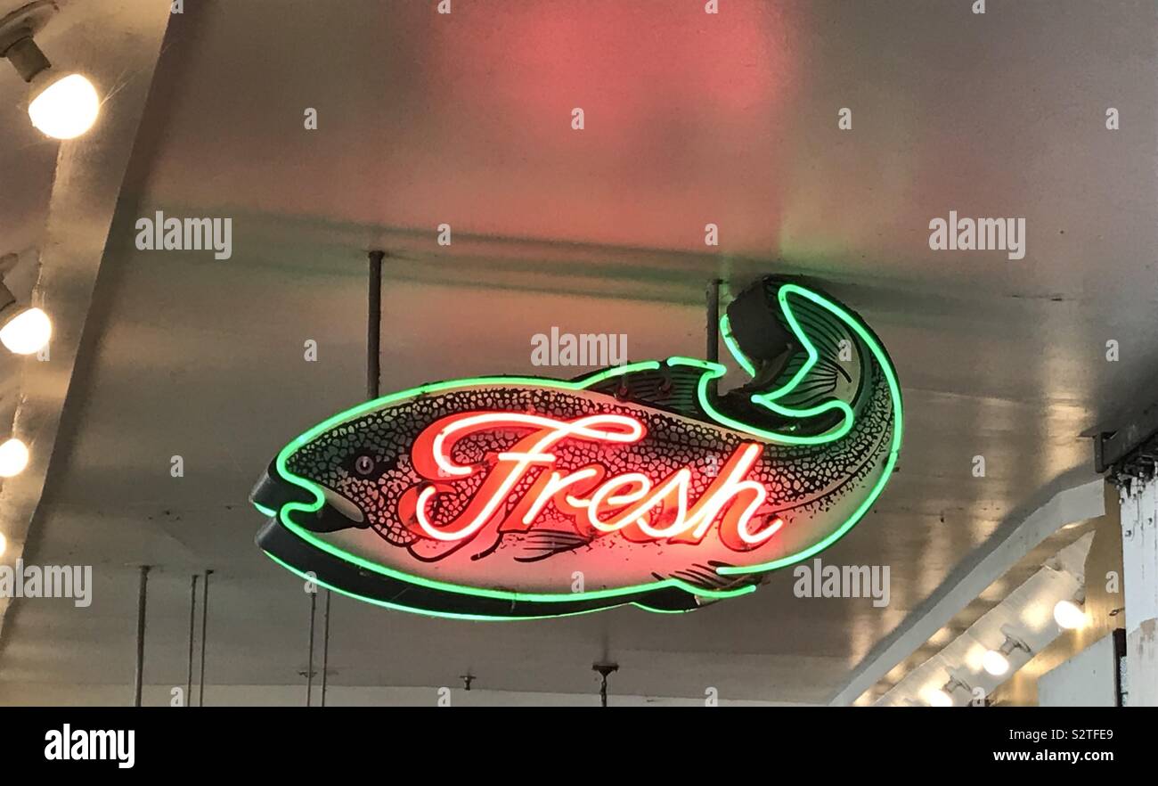 Fresh fish at Pike Place Market. 2019 Stock Photo