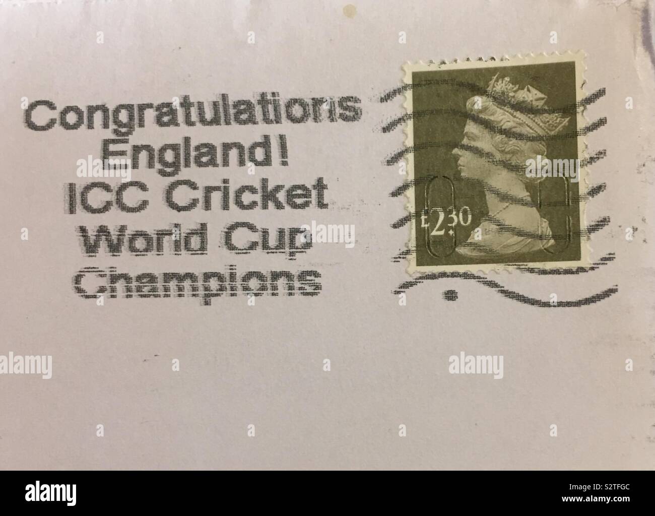 England ICC Cricket World Cup Champions 2019 2.30 postage stamp Royal Mail - Smartphone Captured Stock Image