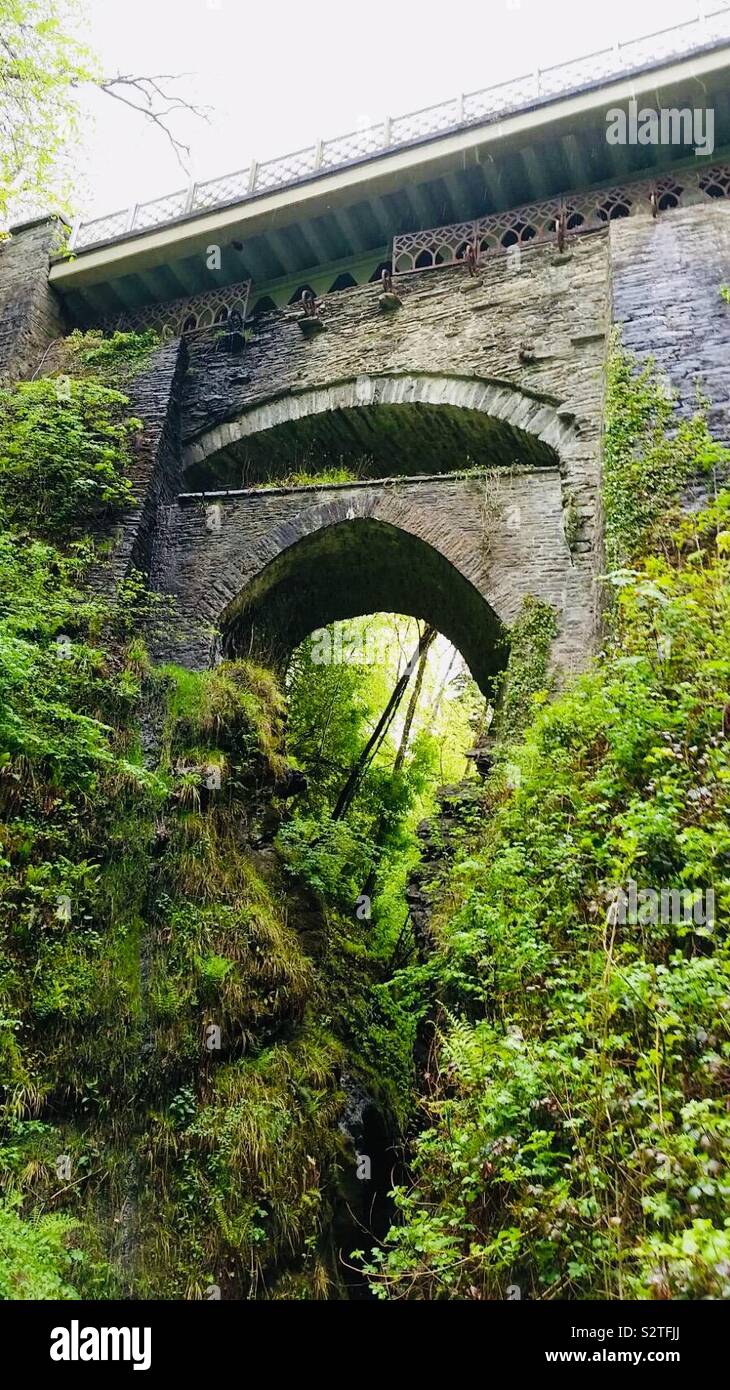 Devil’s Bridge, (Pontarfynach), Ceredigion, Wales.  The three bridges, one on top of the other are famous in welsh folklore. Stock Photo