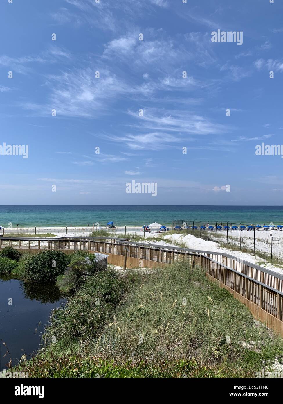 View of white sand beach with dune grass, ocean water, wooden bridge and blue skies - Smartphone Captured Stock Image