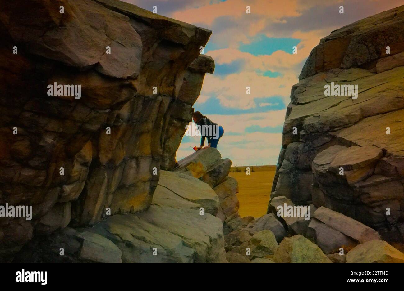 Okotoks erratic, quartzite rock, tourist attraction, Alberta, Canada - Smartphone Captured Stock Image