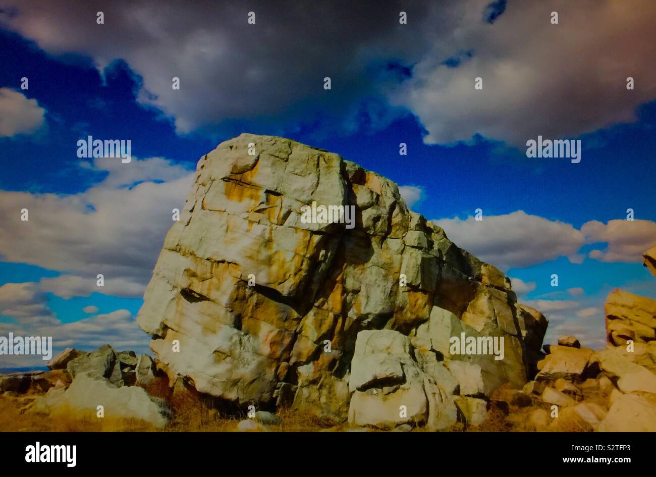 Okotoks erratic, quartzite rock, tourist attraction, Alberta, Canada - Smartphone Captured Stock Image