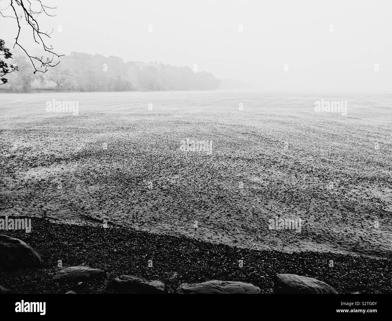 Black and white image of summer rain, Ullswater, Lake District, England - Smartphone Captured Stock Image