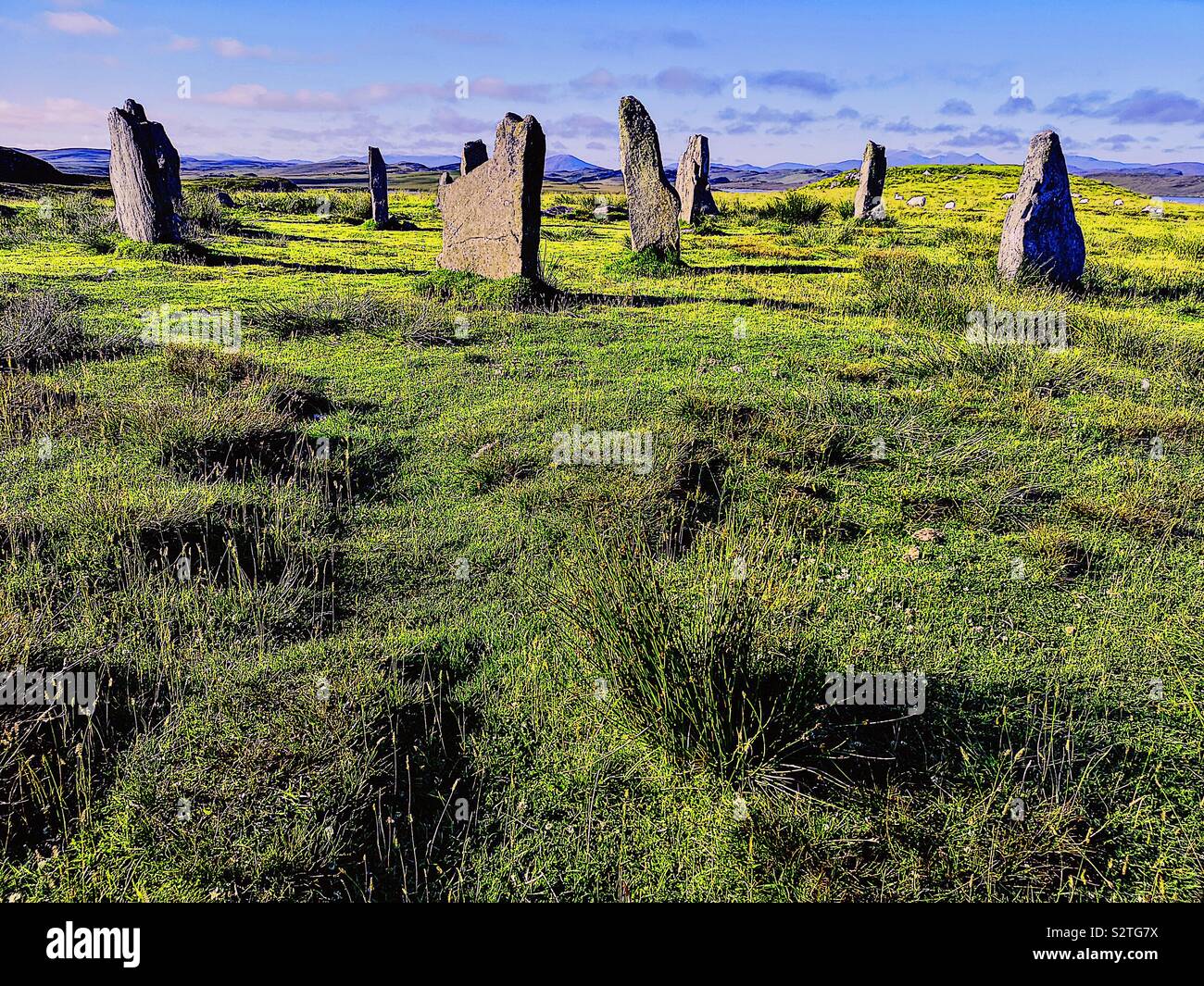 Callanish III (Cnoc Fillibhir Bheag) standing stones stone circle, Isle of Lewis, Outer Hebrides, Scotland Stock Photo