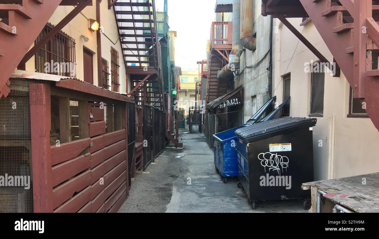 LOS ANGELES, CA, JUL 2019: alleyway with dumpsters and fire escapes, behind shops and galleries in Chinatown - Smartphone Captured Stock Image