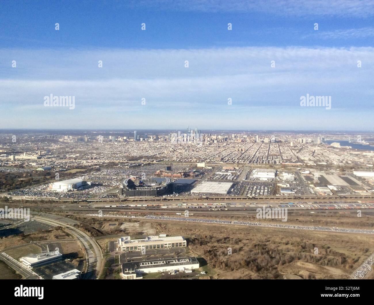 Philadelphia skyline and stadiums taken from airplane window. Stock Photo
