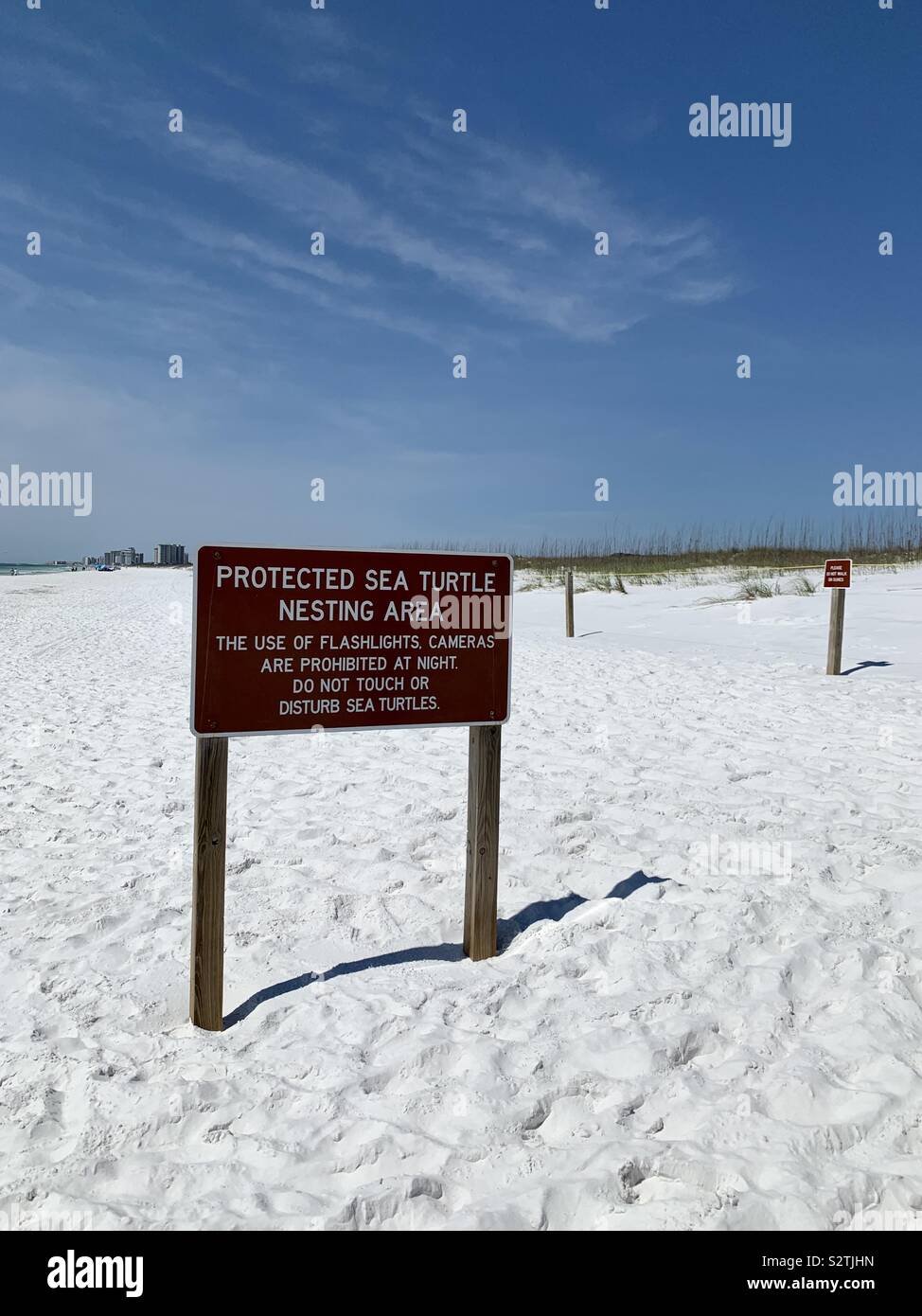 White sand beach with protected sea turtle sign and view of the water - Smartphone Captured Stock Image