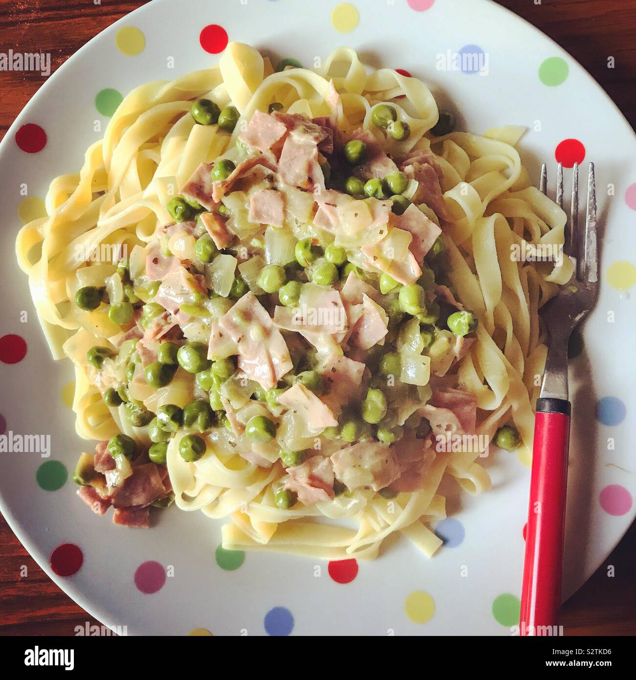 Homemade ham and pea tagliatelle. - Smartphone Captured Stock Image