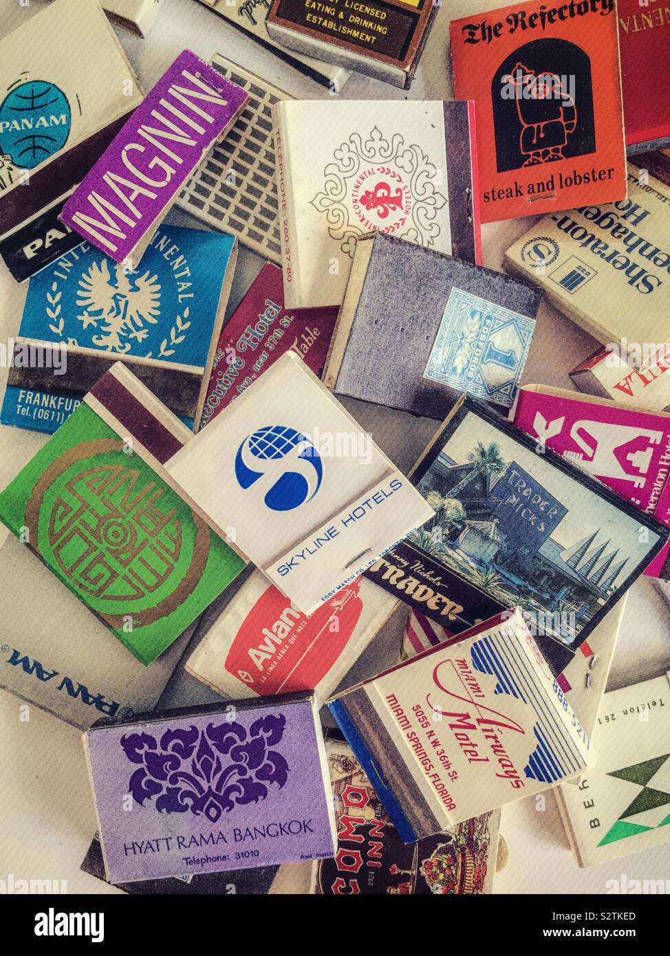 Vintage matchbooks and matchbox collection from around the world Stock Photo