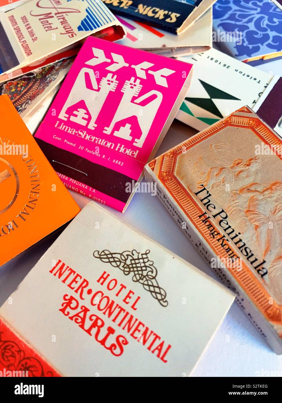 Vintage matchbooks and match boxes from around the world Stock Photo