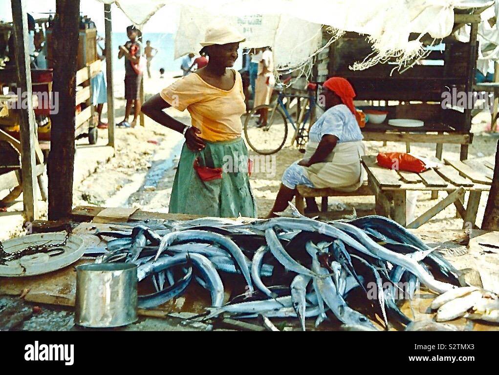 Women selling fish in a market in Jamaica. - Smartphone Captured Stock Image