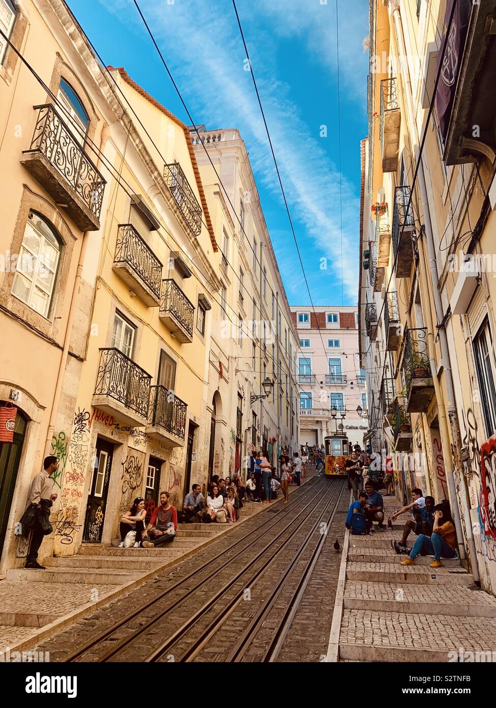 Tourist spot in Lisbon with tram Stock Photo