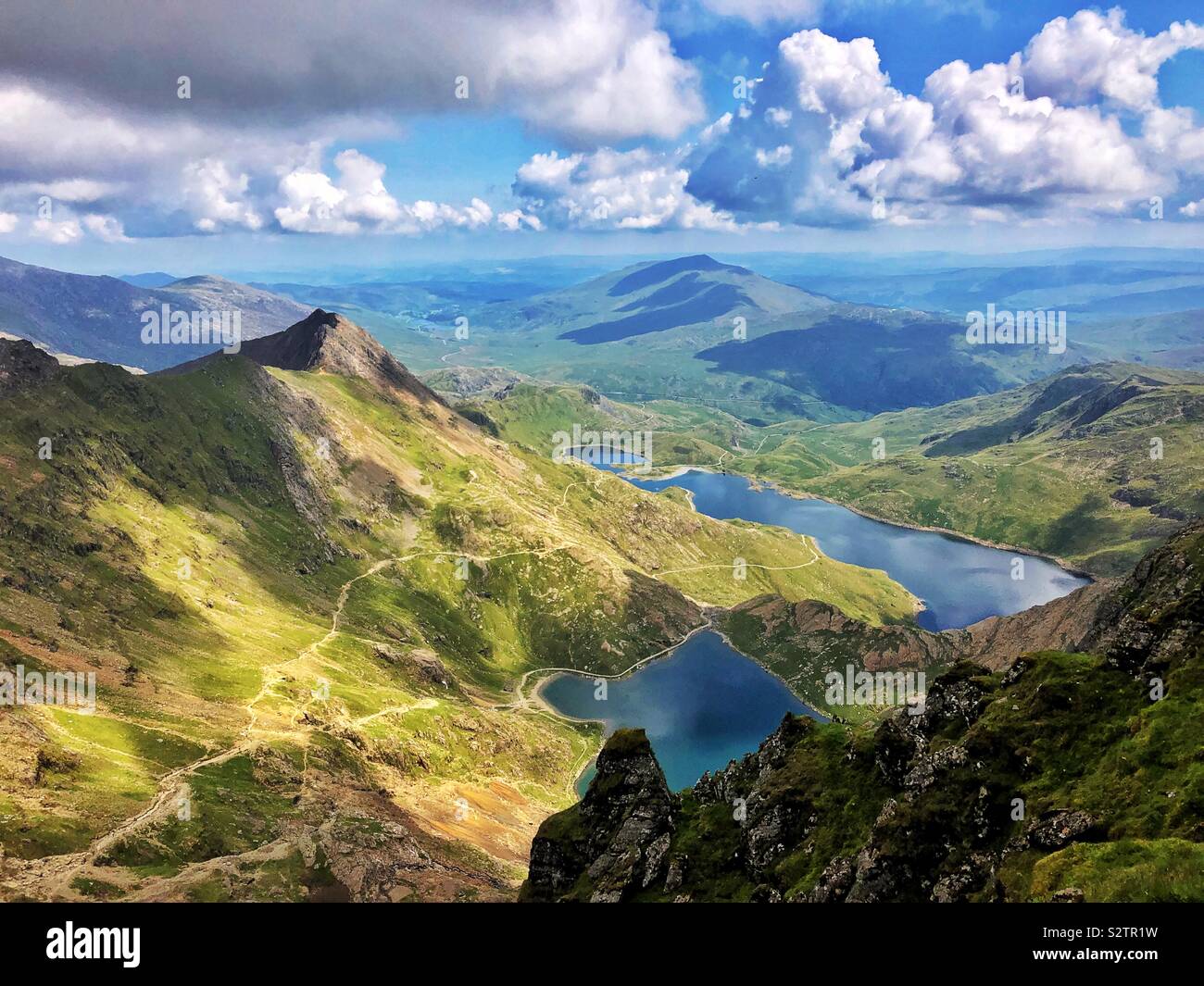 View eastwards from the peak of Snowdon over Glaslyn and Llyn Llydaw, Snowdonia (Eryri) National Park, August. - Smartphone Captured Stock Image