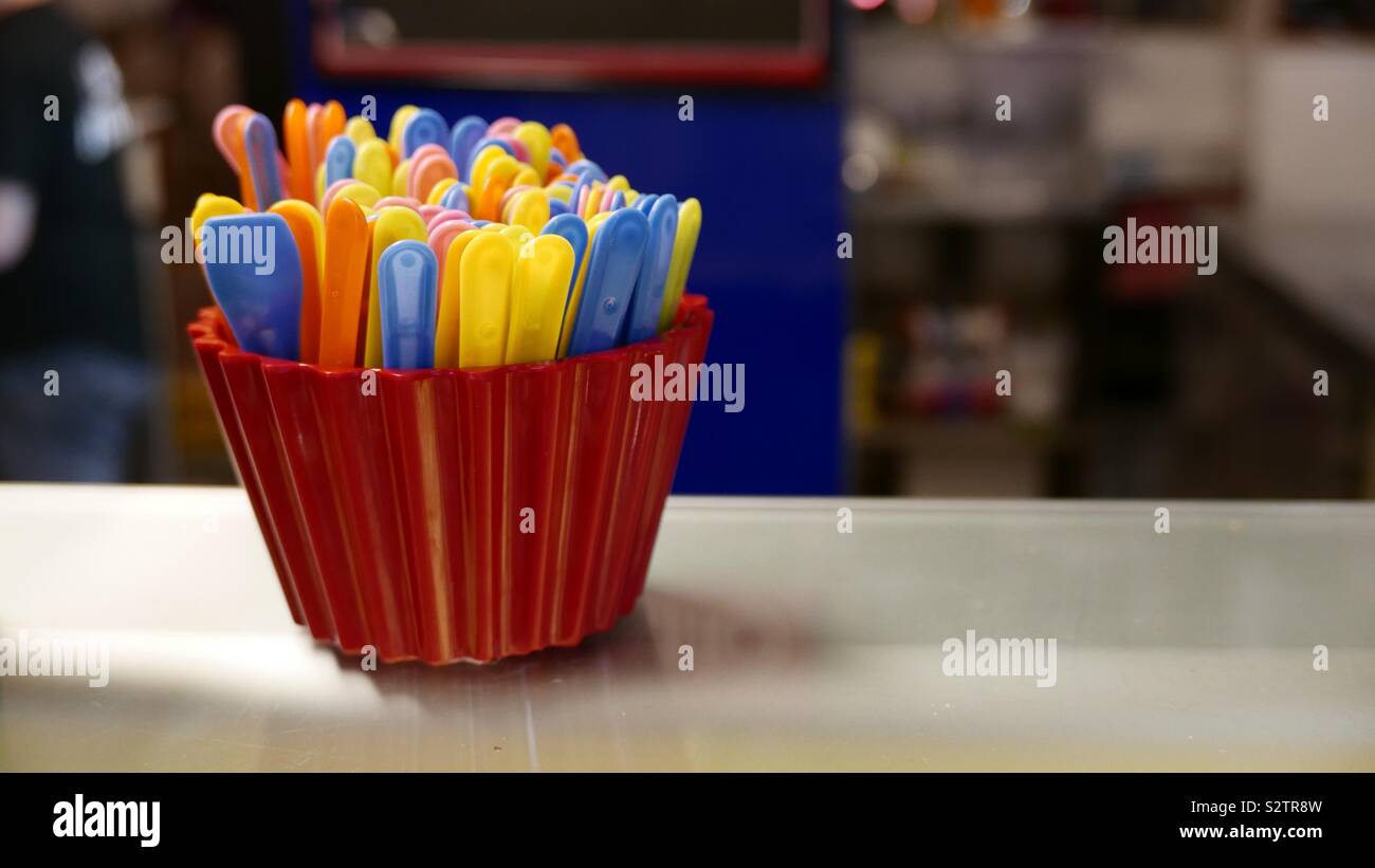 Plastic spoons for Gelato serves Stock Photo Alamy