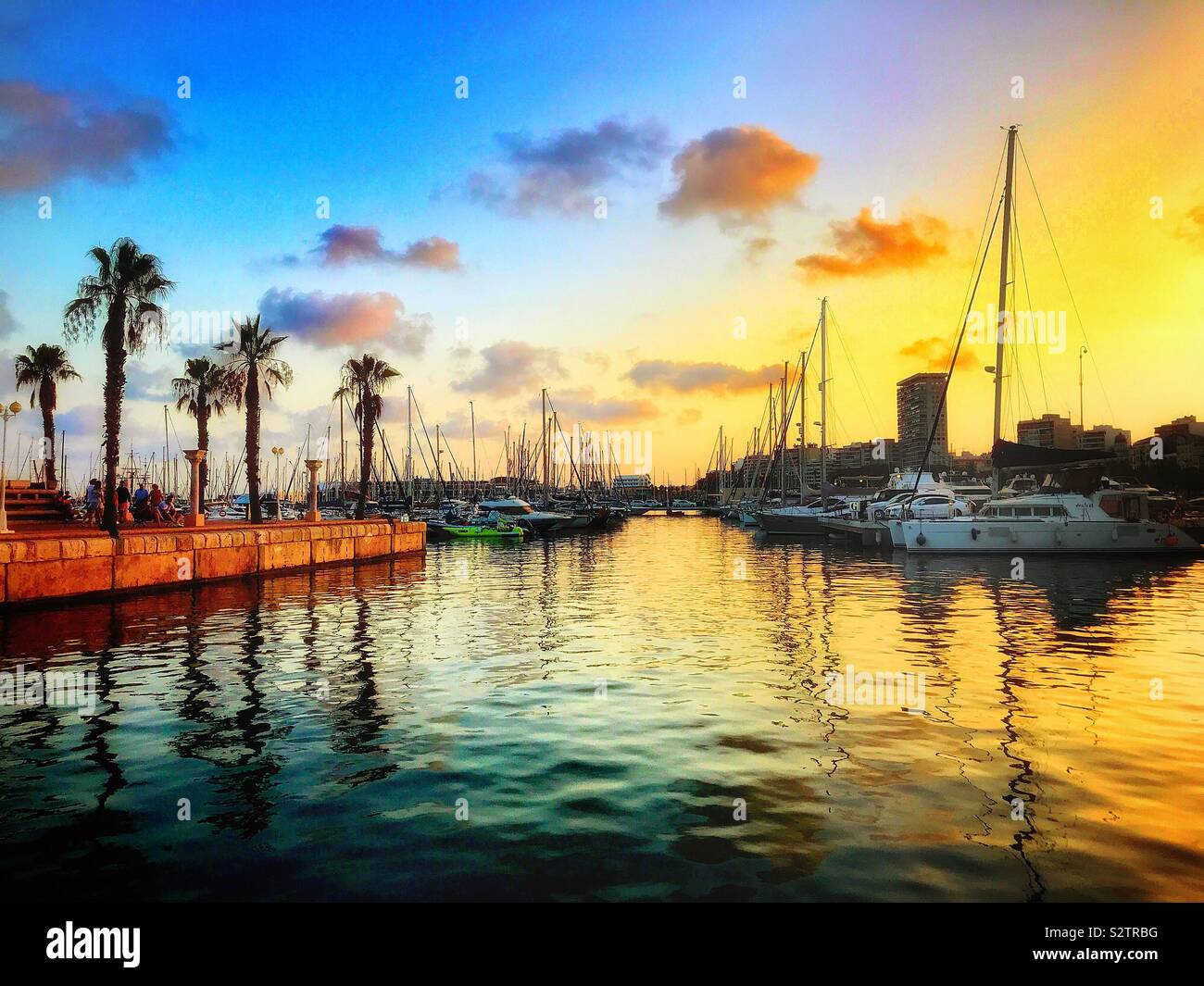 The port of Alicante is flanked with Palms and is a safe haven for hundreds of luxury yachts. At sunset on a summer’s day the sky is aglow with the gentle warmth of the Spanish sun. Stock Photo