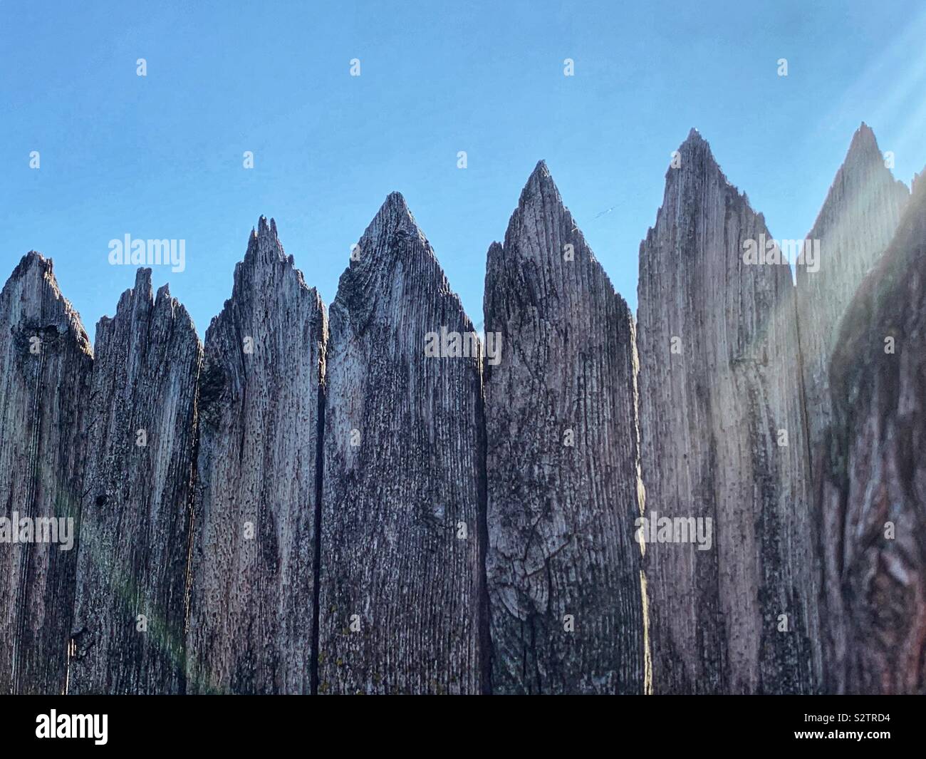 The pointed tips of an old weathered wood fence with a streak of sunlight. Stock Photo