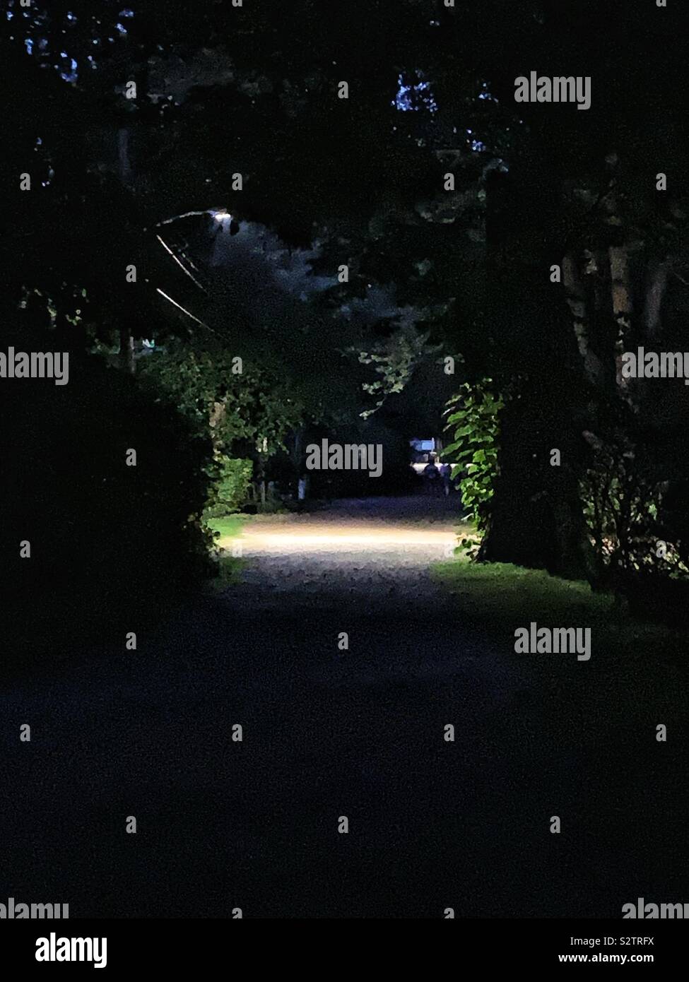 Dirt road lit by a streetlight in a dark remote area. - Smartphone Captured Stock Image