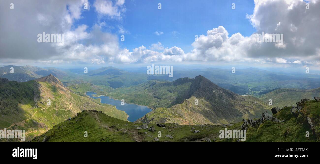 Mountain panoramic view from the summit of Mount Snowdon, August. Stock Photo