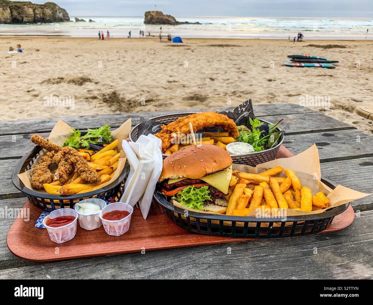 Tasty fast food served on a beach in Cornwall Stock Photo