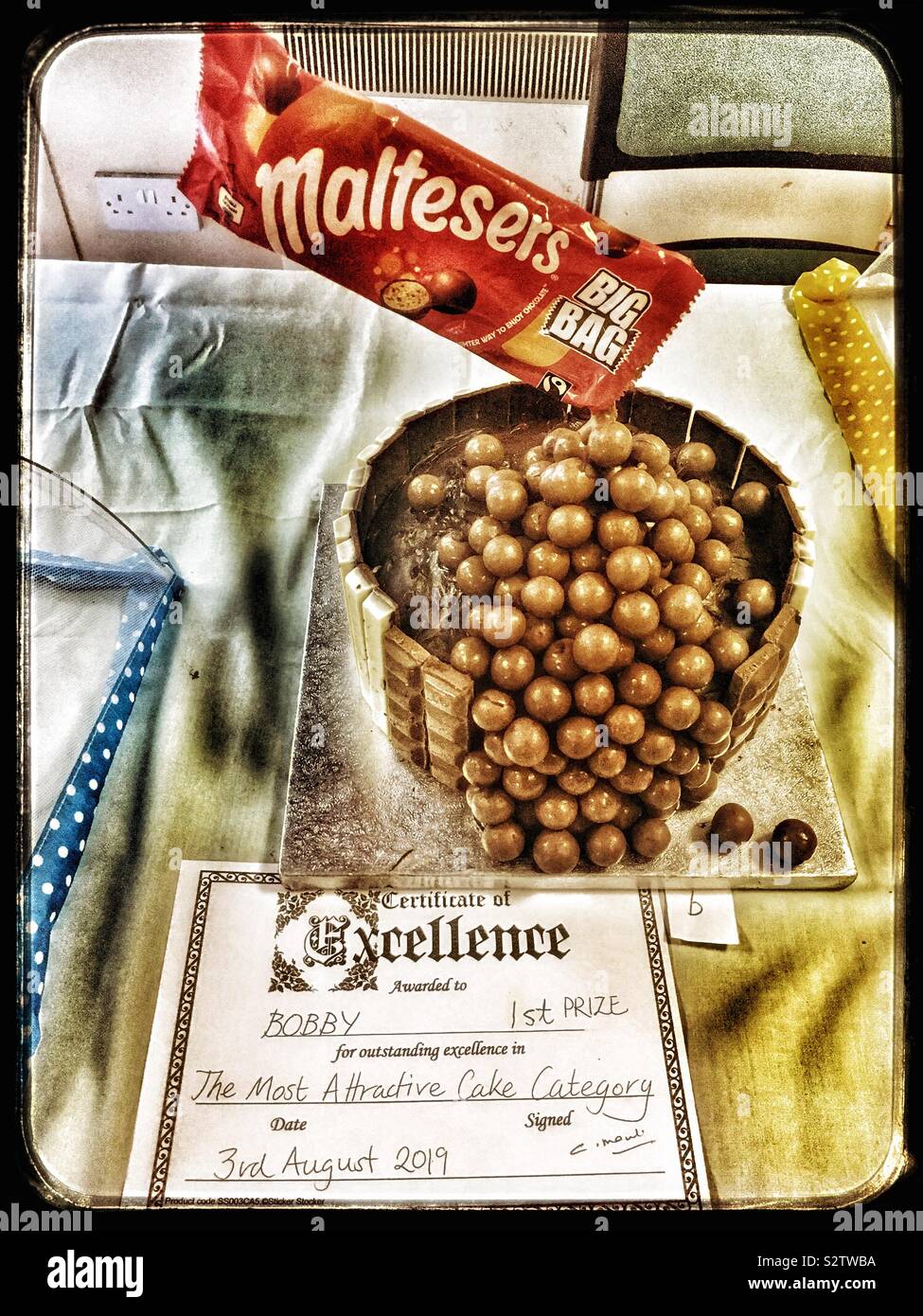 Homemade Maltesers chocolate cake and winner of the most attractive cake category at a village fate - Smartphone Captured Stock Image