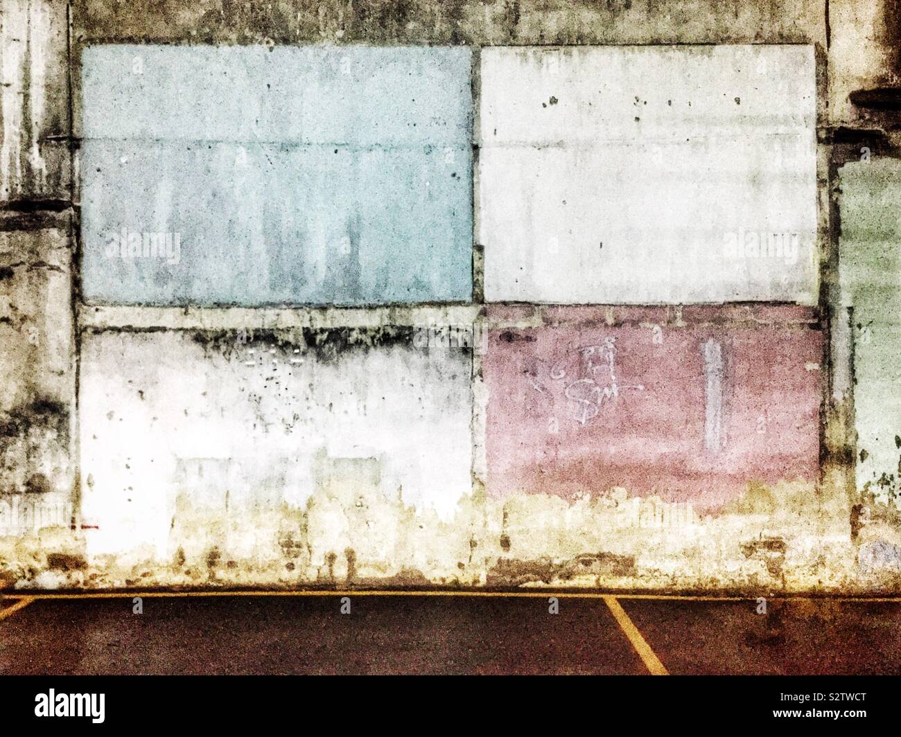 Outlines of houses and rooms remaining on the wall of a factory building after demolition, George Town, Penang, Malaysia - Smartphone Captured Stock Image