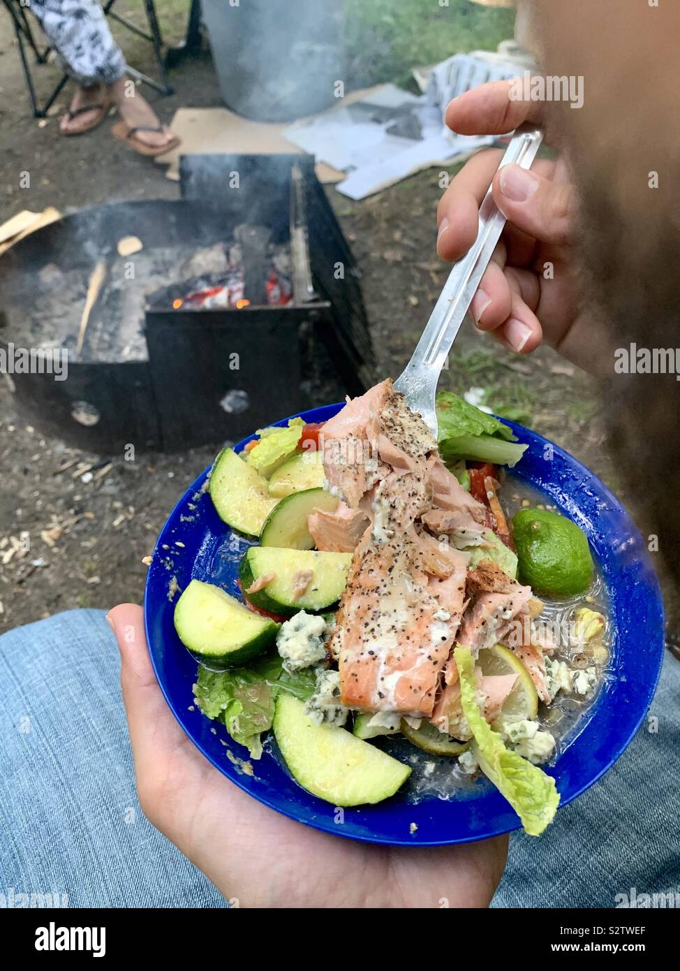 A healthy, delicious salmon dinner while roughing it at a campsite. Stock Photo