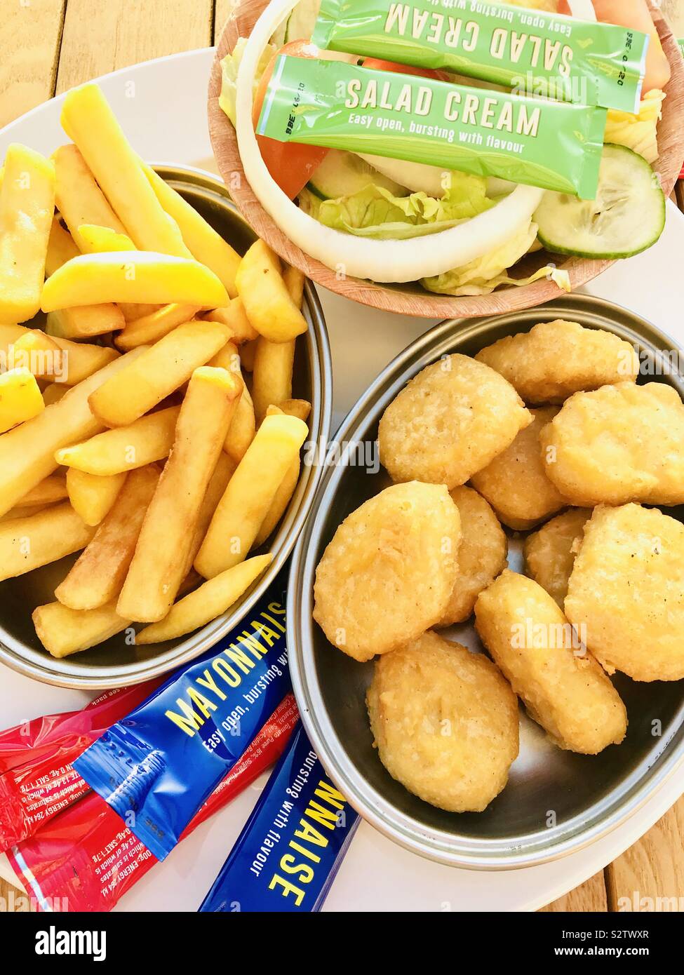 Chicken nuggets and chips at a british seaside town cafe Stock Photo