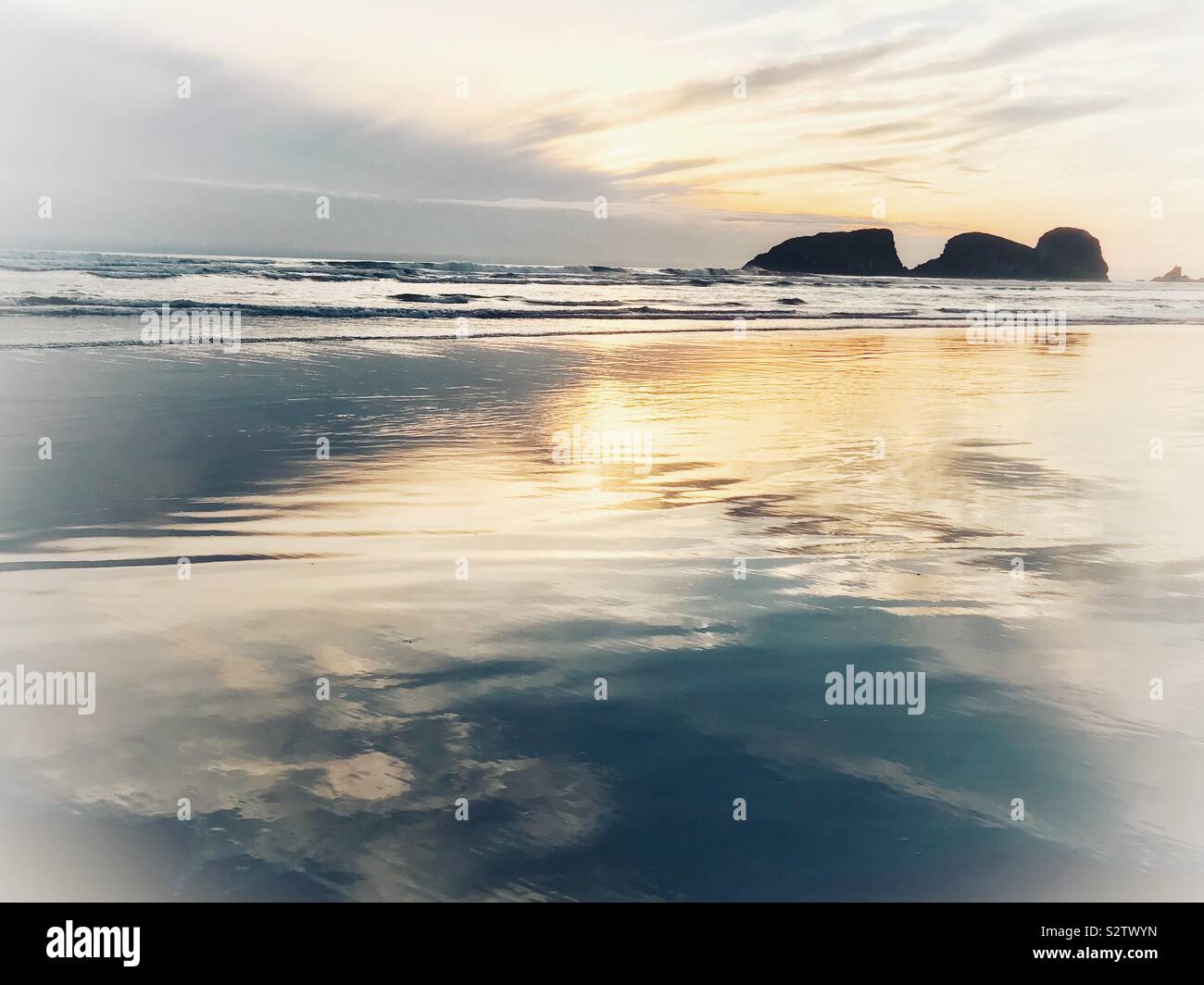 Cannon Beach, North of Ecola Creek, at sundown in July - Smartphone Captured Stock Image