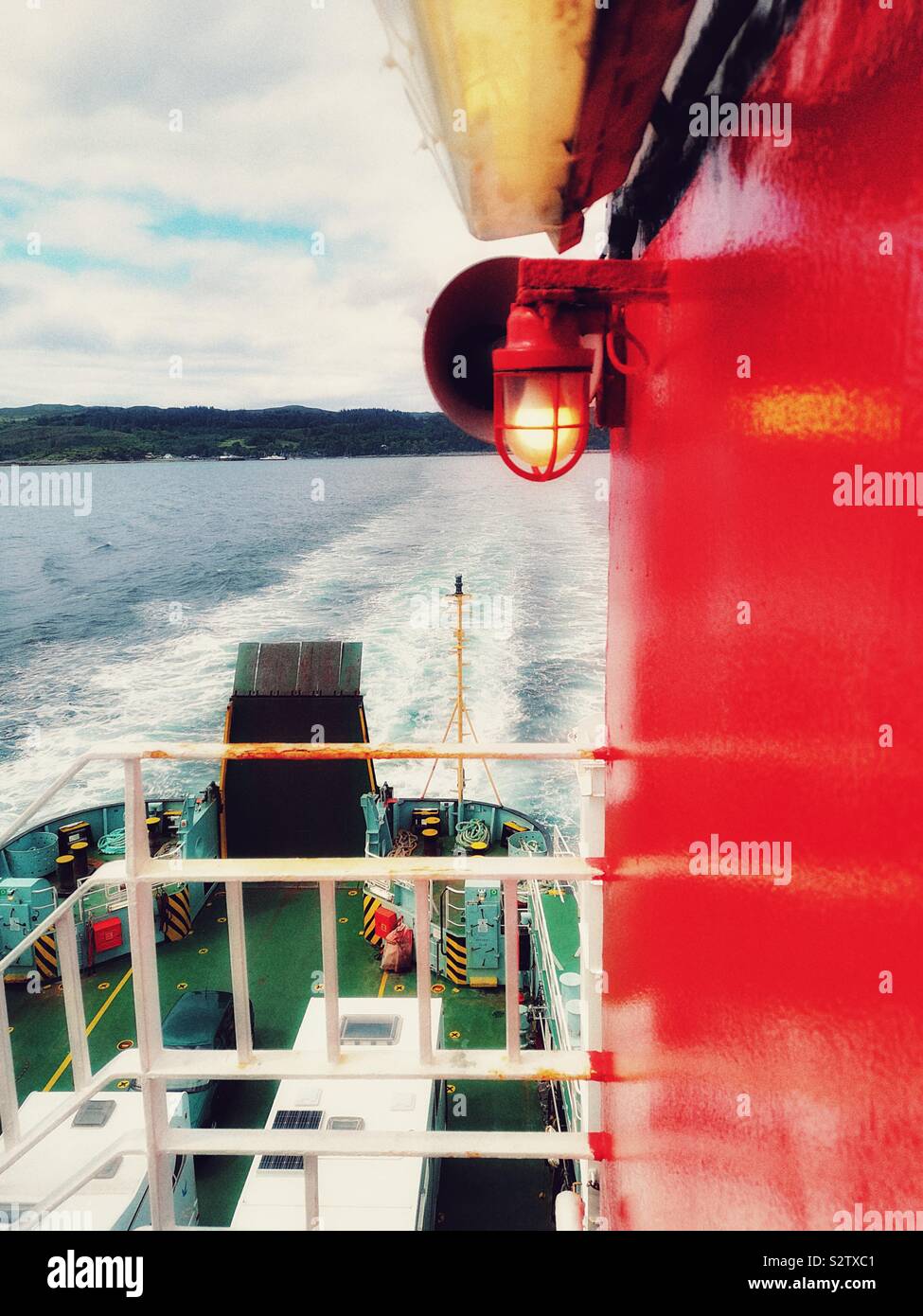 Illuminated light on ferry funnel during daytime ferry journey from Armadale on Skye to Mallaig on the Scottish mainland - Smartphone Captured Stock Image