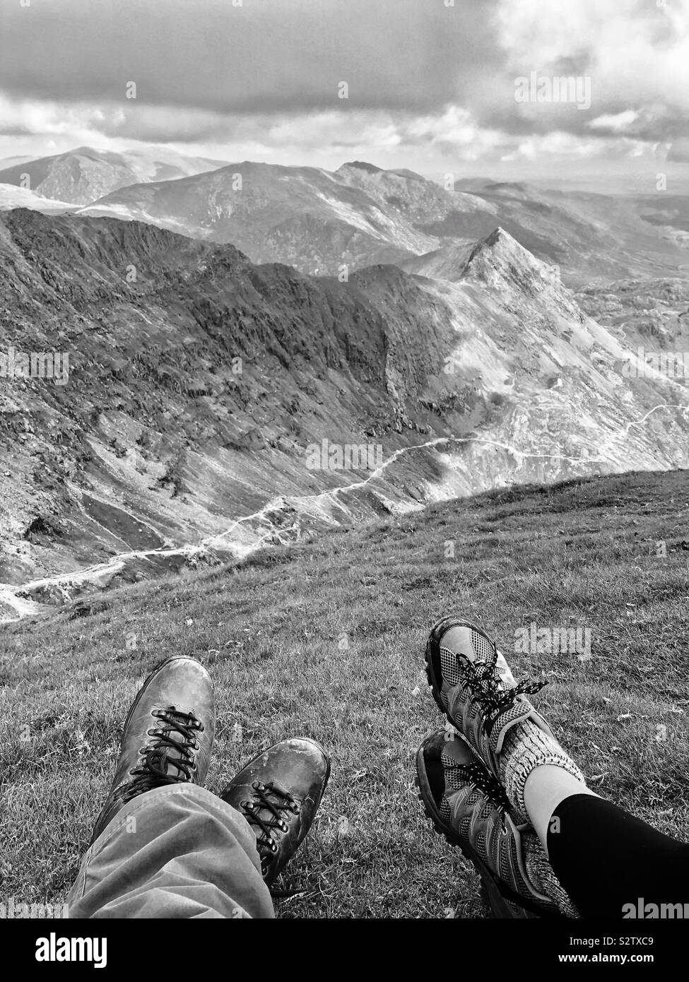 Resting at the end of a long climb, Snowdon, Snowdonia National Park, August. - Smartphone Captured Stock Image