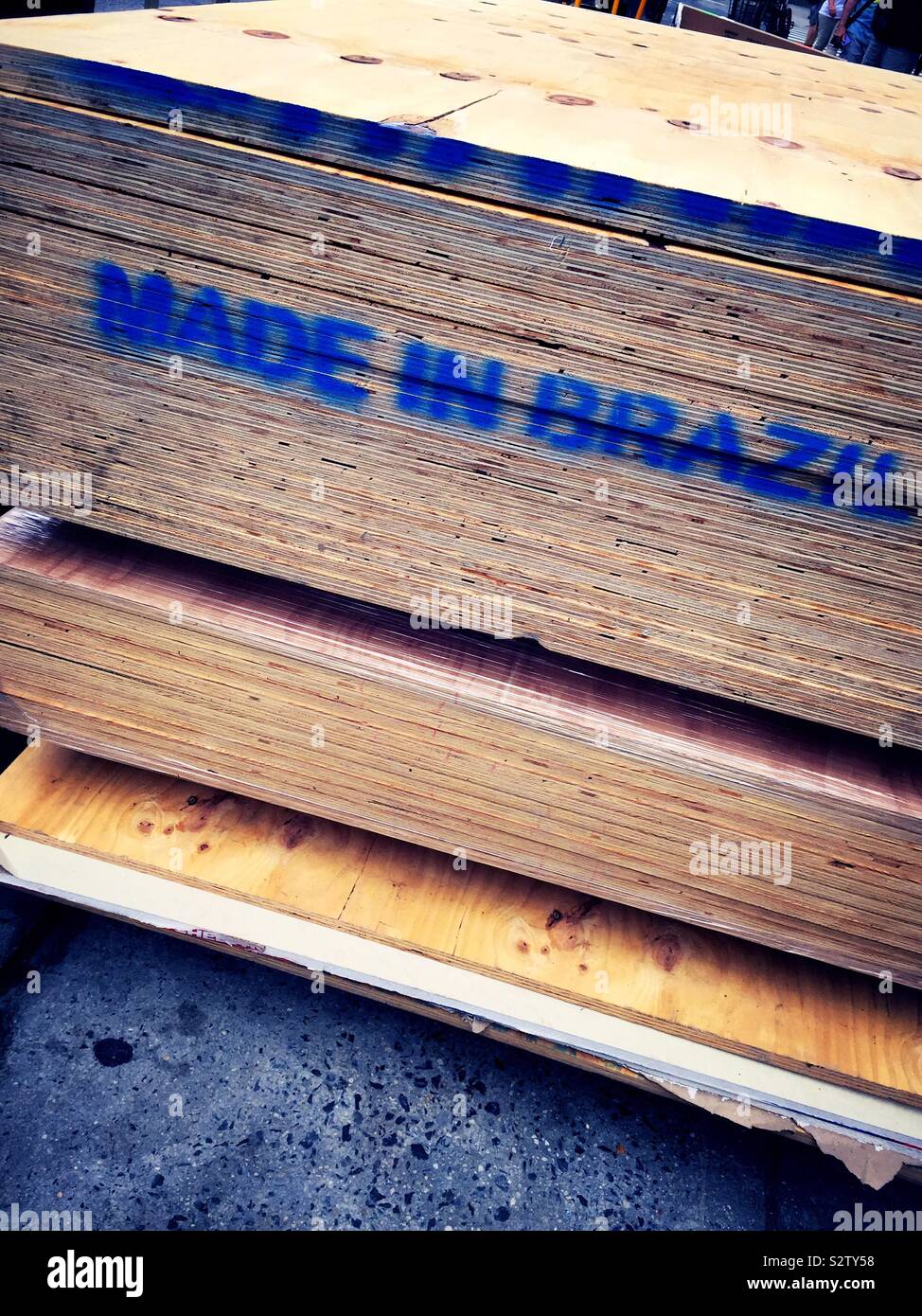 Pallet of plywood with made in Brazil stamped on the side, New York