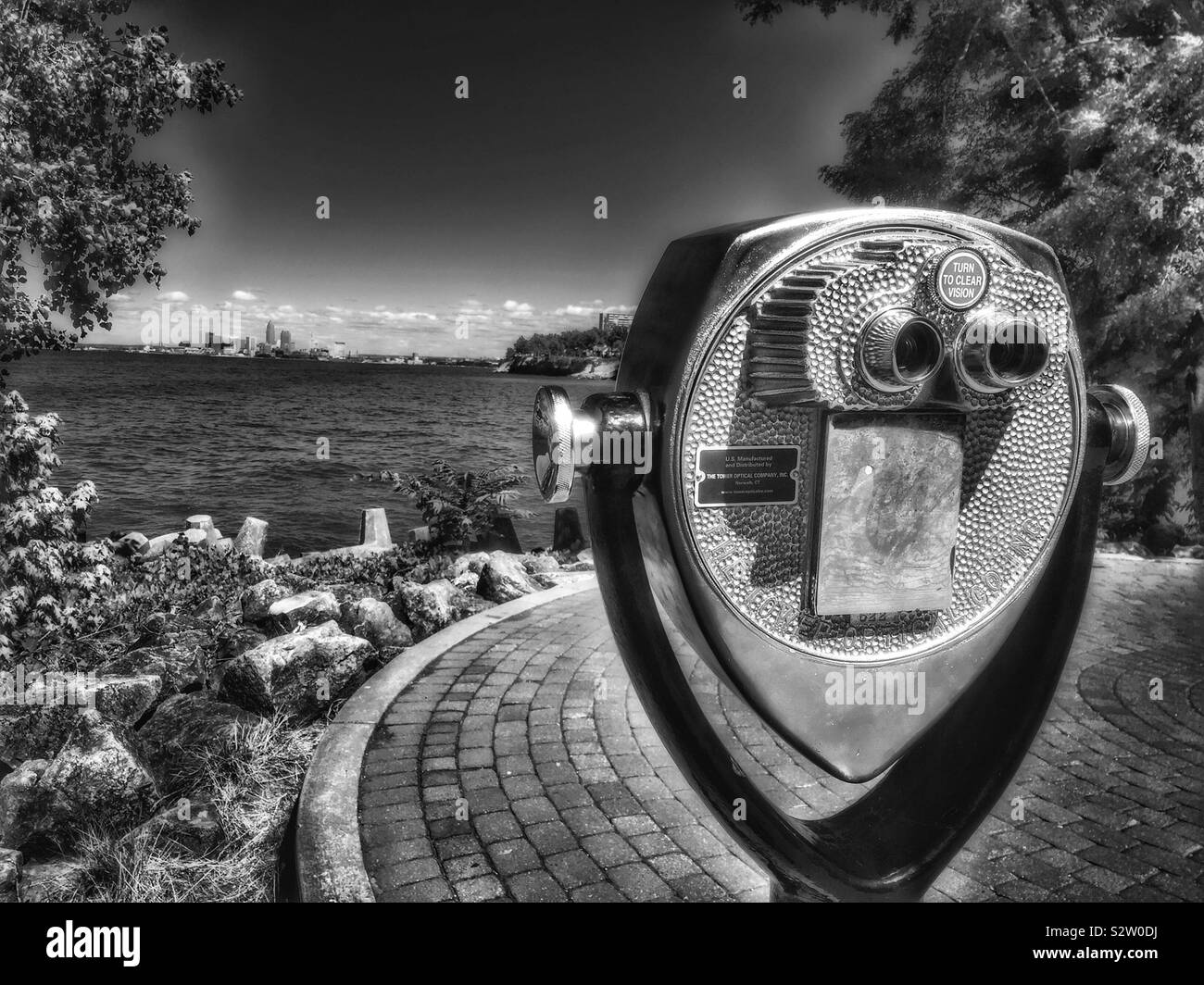 Scenic viewer overlooking Lake Erie and the downtown Cleveland skyline - Smartphone Captured Stock Image
