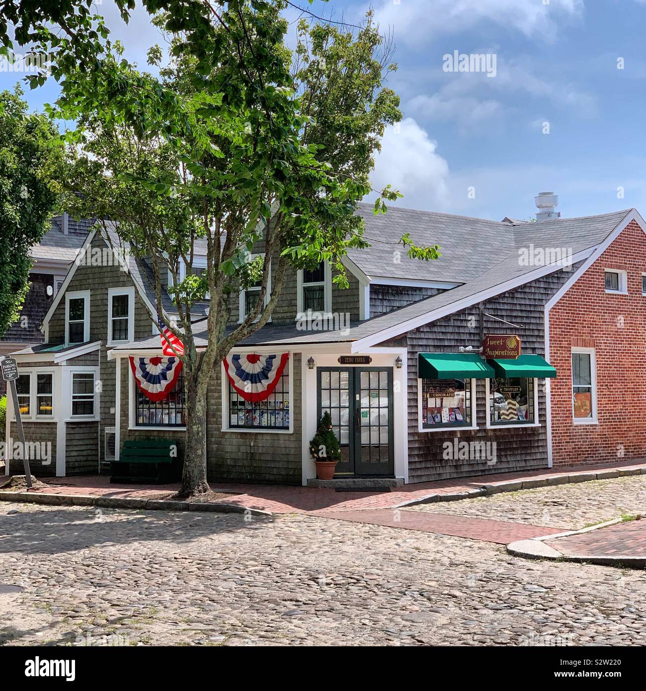 Cobblestone streets in the Town of Nantucket, Massachusetts, United States Stock Photo