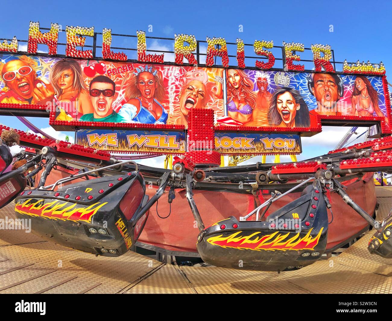 Hellraiser fairground ride at Barry Island Pleasure Park, South Wales, August 2019 - Smartphone Captured Stock Image