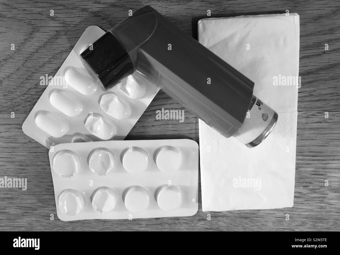 Black and white medicines for chest infection and cold /‘flu Stock Photo