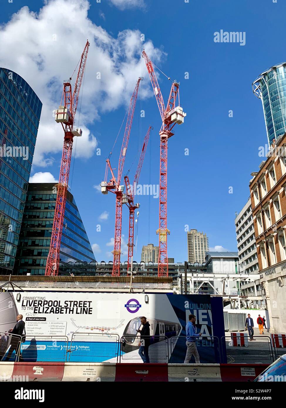 London, UK - 13 August 2019: Construction work in Moorgate joining the new Elizabeth line to Liverpool Street station. - Smartphone Captured Stock Image