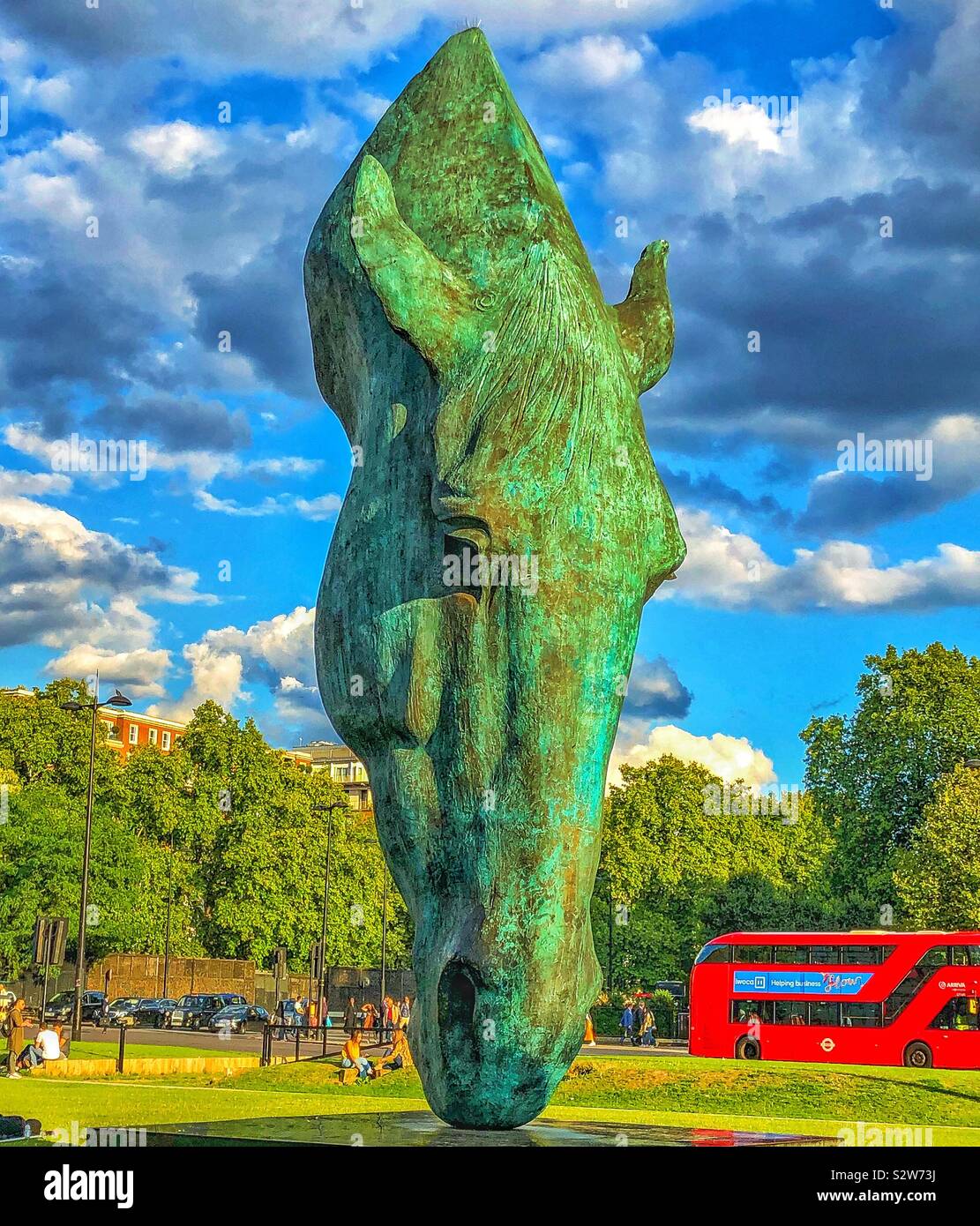 Bronze Sculpture of a horses head at Marble Arch, London. Designed by Nic FiddianGreen Stock