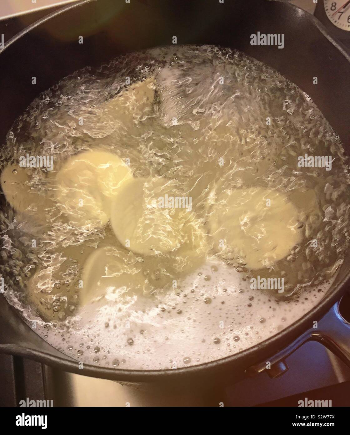 Boiling croxetti Close up shot from above - Smartphone Captured Stock Image